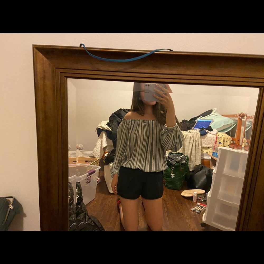 blue and white striped off shoulder top